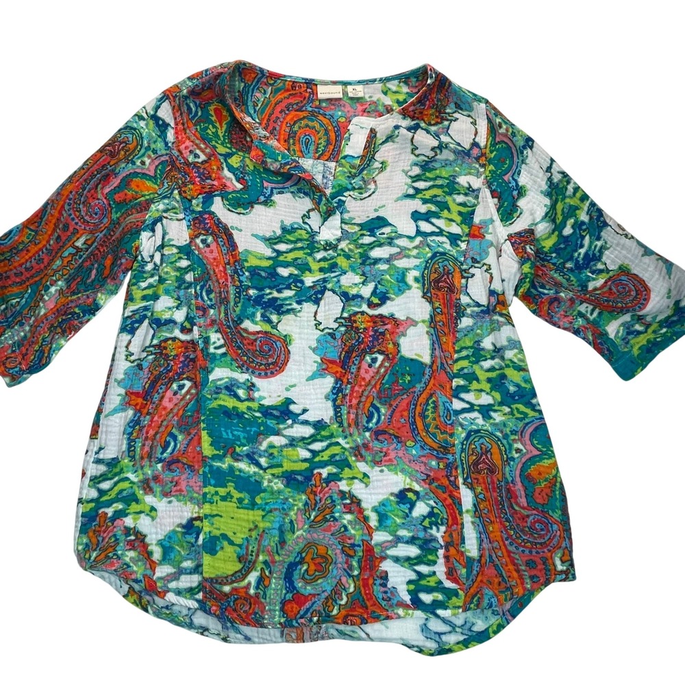 Westbound Tunic XL Paisley Cotton Gauze 3/4 Sleeve Artsy Tropical Resort Boho